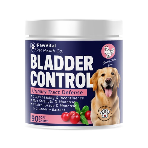 Pet packaging with the title 'Label Design for a Dog's Bladder Health Product'