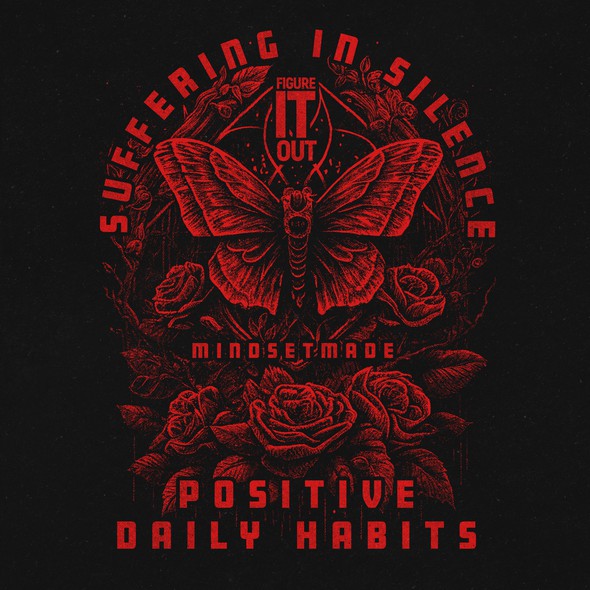 Dark t-shirt with the title 'Shirt illustration depicting suffering in silence'