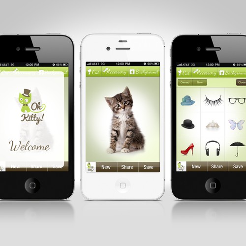 Interface design with the title 'Design an interface for our app - Oh, Kitty!'