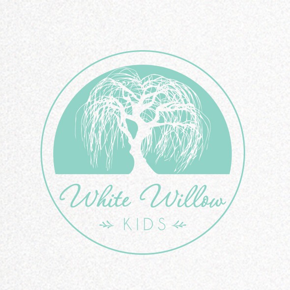 Circle stamp logo with the title 'Create an inspiring and fun identity for White Willow Kids - making kids spaces sparkle!'