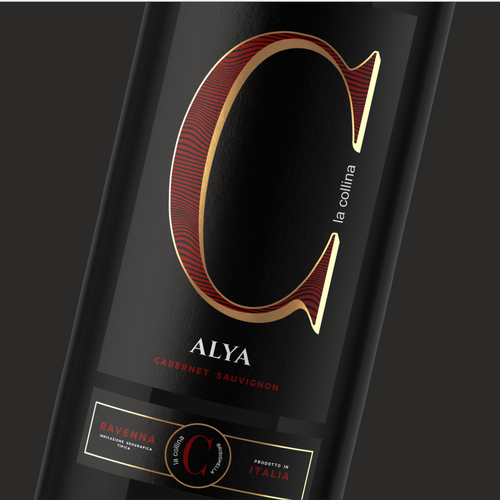 Red wine label with the title 'Wine Label Design, Italy'