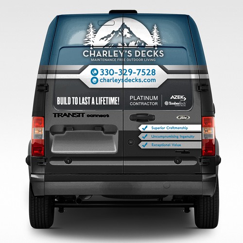 Van design with the title 'Vehicle Wrap Design for Charley's Decks.'