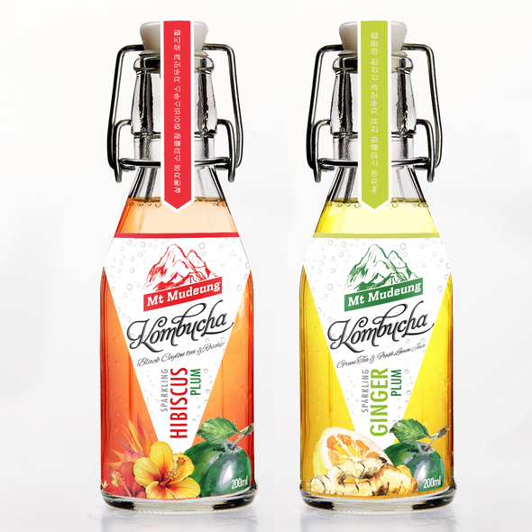 Flavor design with the title 'Kombucha, drink label design'