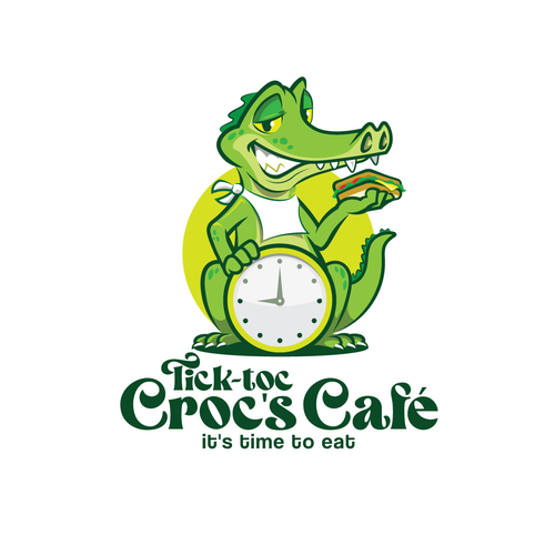 Crocodile logo with the title 'Modern tick-toc cock logo for marina Cafe serving breakfast and lunch'