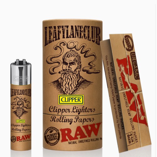Kraft paper packaging with the title 'packaging design for Clipper lighters and Raw rolling papers'