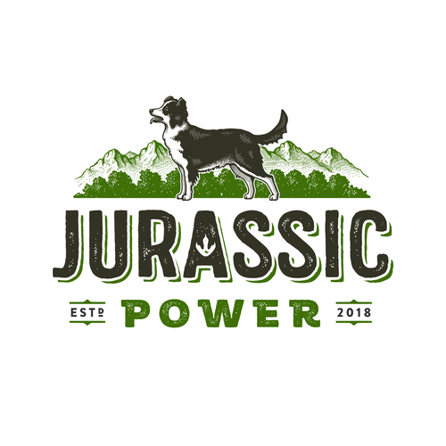 Dog label with the title 'Jurassic Power'