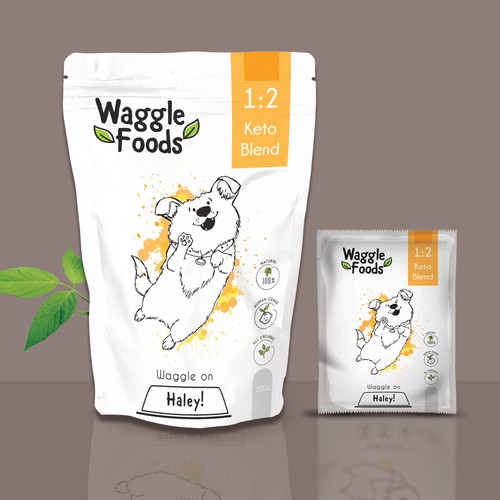 Pet food packaging with the title 'Waggle Foods Pouch Packaging'