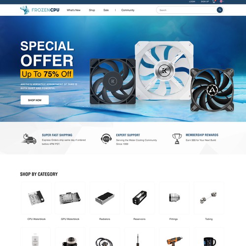 Product website with the title 'An eCommerce Store For PC cooling & performance parts'
