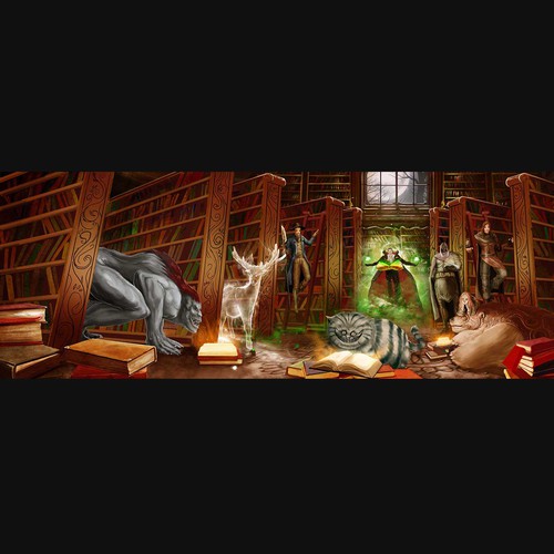 Library design with the title 'Illustrate a living library of fantasy'