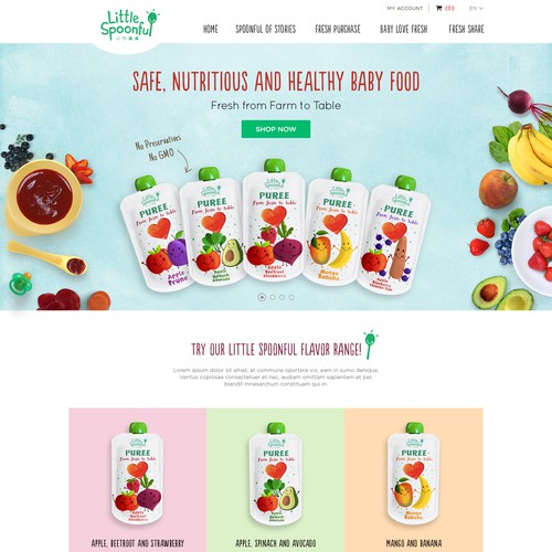 Fresh website with the title 'Fresh, Cute and Colourful web page design for organic baby food company'
