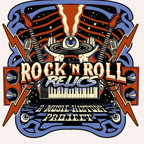 Hippie design with the title 'Rock 'n Roll Relics: A Music History Project'