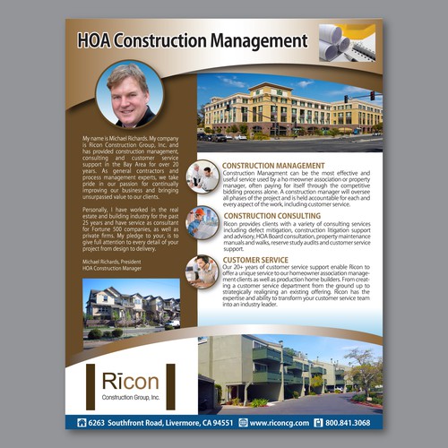 Customer service design with the title 'Ricon Construction Management Sales Flyer'