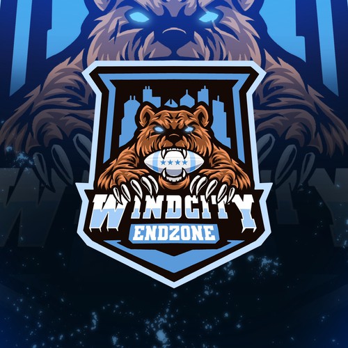 Beast logo with the title 'Chicago Bears football, Chicago Skyline and Soldier Field end zones'