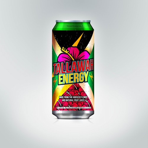 Energy drink label with the title 'Tallawah energy - energy drink made from the hibiscus flower'