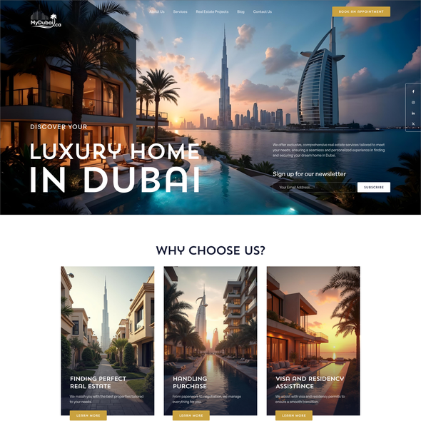 Real estate website with the title 'Landing page design for Dubai Real Estate'