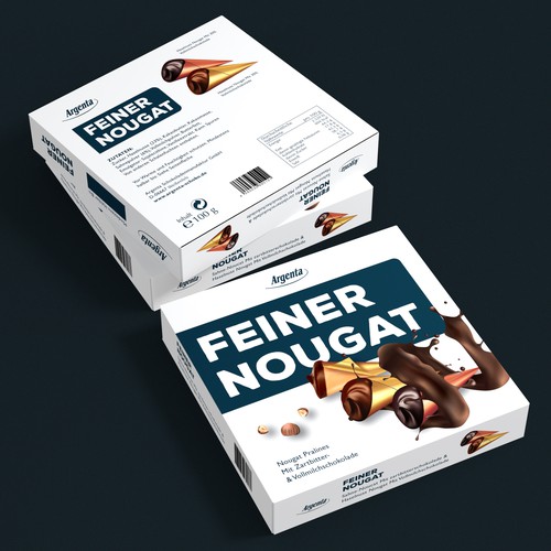 Carton packaging with the title 'Erstelle ein aufregendes Verpackungsdesign für Pralinen'