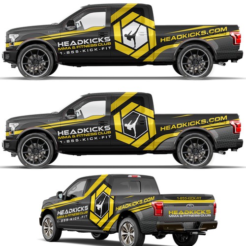 Yellow and black design with the title 'Bold truck wrap for Head kicks fitness'