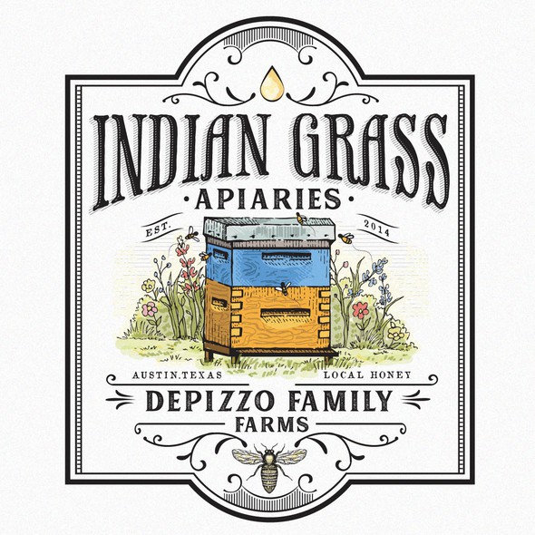 Beehive design with the title 'INDIAN GRASS APIARIES'