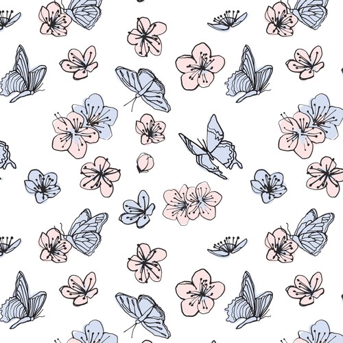 Butterfly design with the title 'Cherry Blossom + butterflies, for swaddle blanket. '