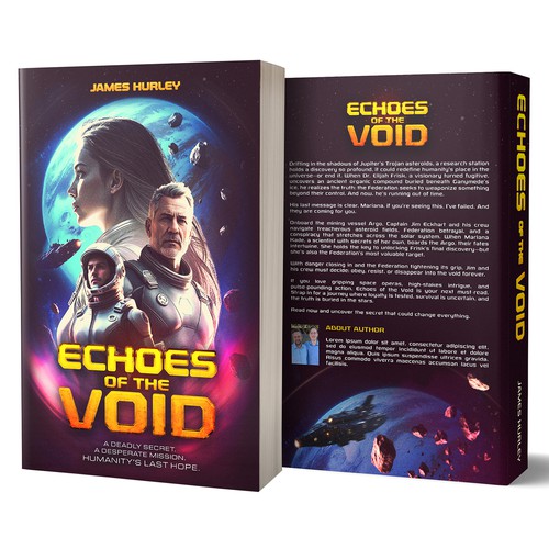 Science-fiction book cover with the title 'Design Description – “Echoes of the Void” by James Hurley '