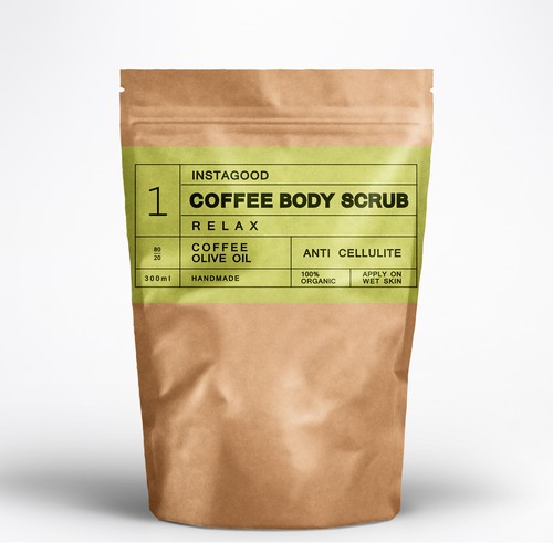 Scrub design with the title 'package label for stand up pouch body scrub'