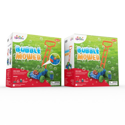 Board game packaging with the title 'Fun Sprouts Bubble Mower'