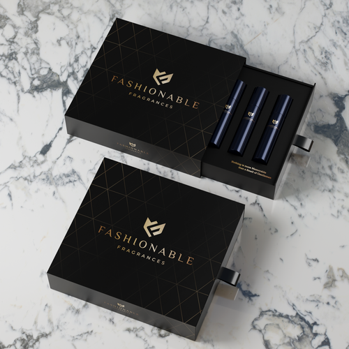 Professional packaging with the title 'Luxury Box Fashionable Fragrance'