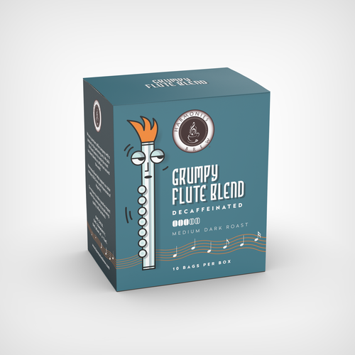 3D packaging with the title 'Grumpy Flute Coffee Packaging'