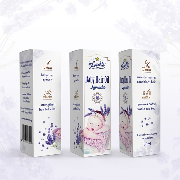 Lavender packaging with the title 'Baby Hair Oil'