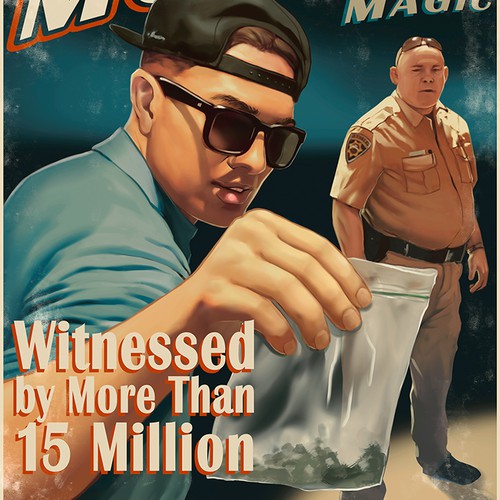 Artwork design with the title 'Vintage MAGIC POSTER- Magician tries to sell weed to cops'