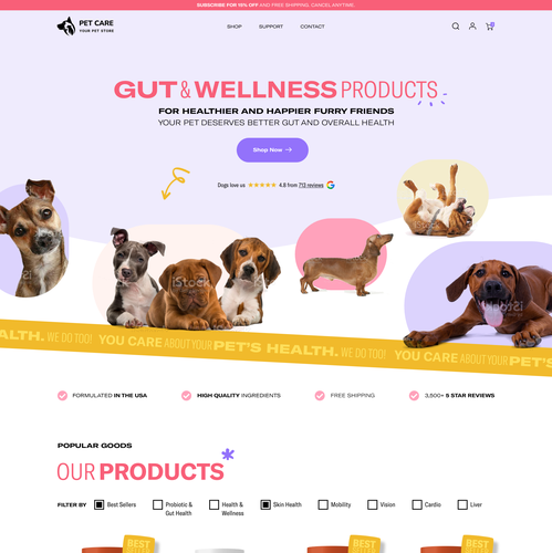 Ecommerce design with the title 'Funky Dog health supplement subscription site'