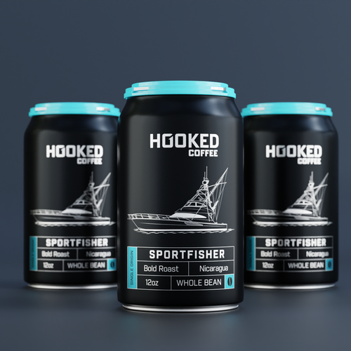 Can packaging with the title 'hooked coffee'