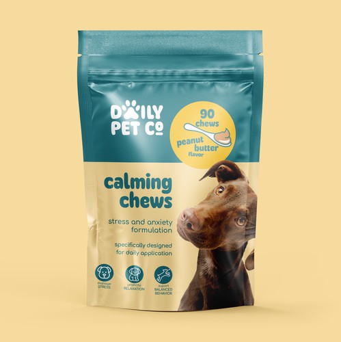 Dog packaging with the title 'Calming Pet Chews Package Development'