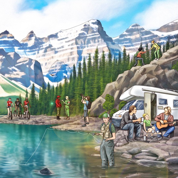 Family artwork with the title 'Panoramic illustration - People living out their retirement within a Canadian landscape'