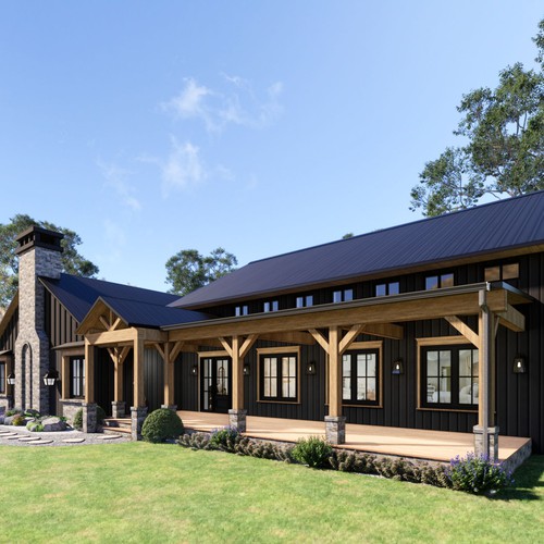 Exterior design with the title 'Modern Farmhouse / Mountain Cottage Hybrid'