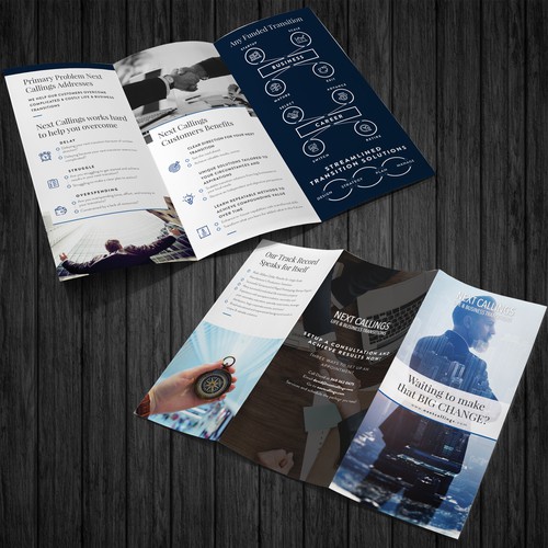 Tri-fold design with the title 'Design a catchy and informative brochure for Next Callings and help others achieve a bright future!'