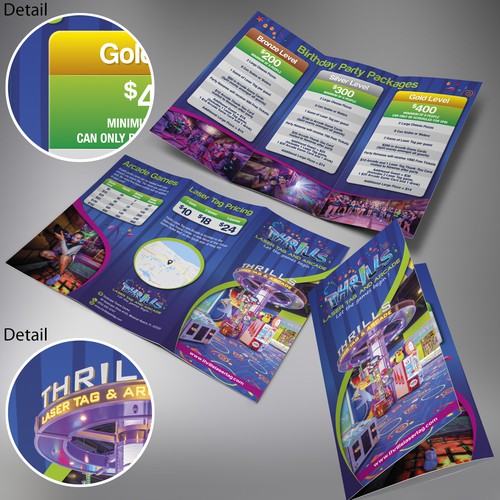 Arcade design with the title 'Thrills Laser Tag and Arcade Trifold Brochure'