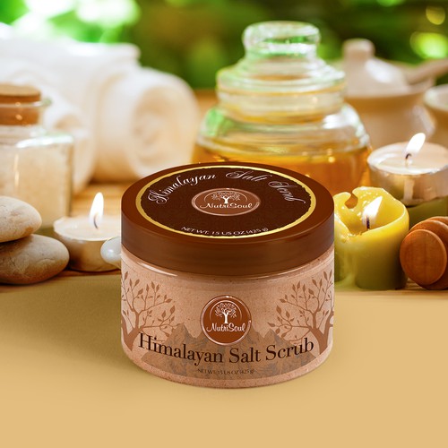 Salt packaging with the title 'Himalayan Salt Scrub'