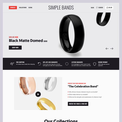 Online store website with the title 'Wedding Band Bundle for Men, Titanium + Silicone Website'