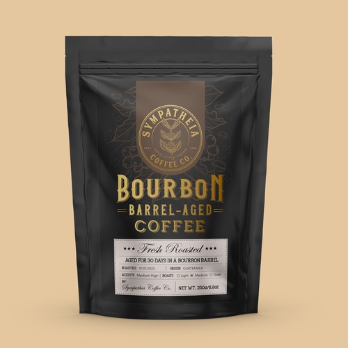 Coffee packaging with the title 'BOURBON BARREL-AGED COFFEE'