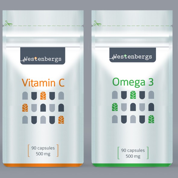 Pills packaging with the title 'Packaging for vitamins and supplements products'