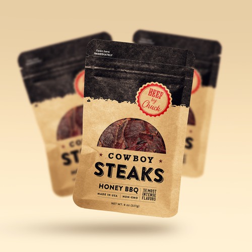 Kraft paper design with the title 'Cowboy Steaks Beef Jerky'