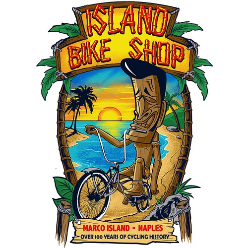 Bike t-shirt with the title 'fun tiki beach for ISLAND BIKE SHOP'