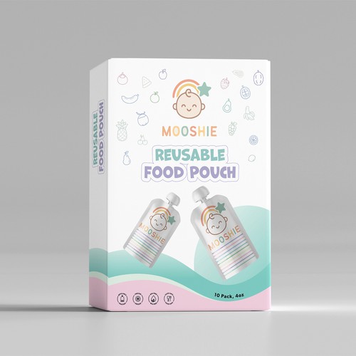 Eco-friendly packaging with the title 'Mooshie – Reusable Baby Food Pouch Packaging Design'