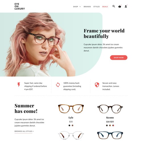 Sunglasses design with the title 'Landing page for eyeglasses retailer'