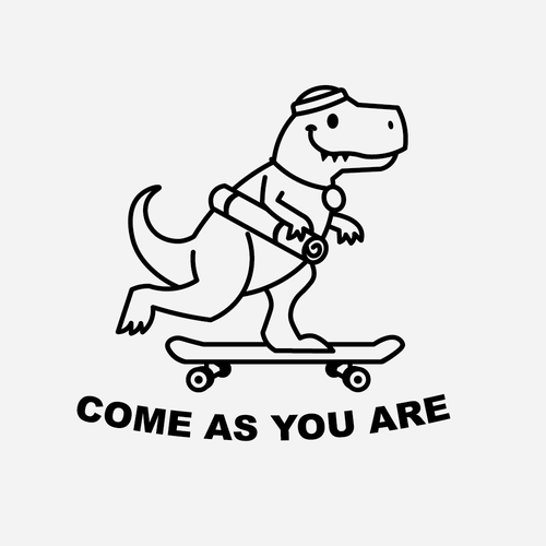 T-rex design with the title 'Cute T-rex on the skateboard'