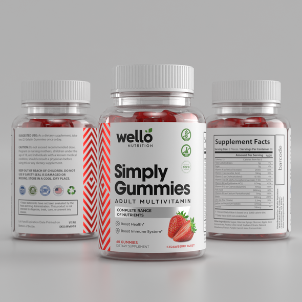 3D label with the title 'Multi vitamin gummies label design'