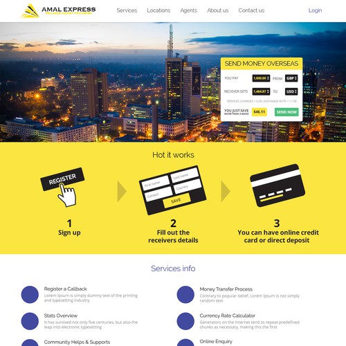 Yellow website with the title 'Web design wanted for money transfer business'