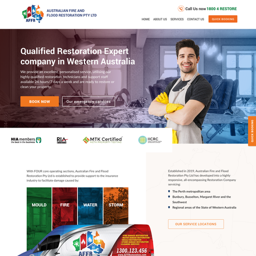 Australia website with the title 'Confident inspiring homepage design for Fire and Flood damage restoration company'
