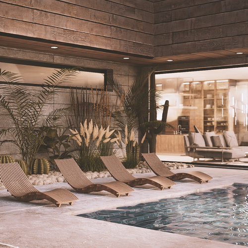 Pool design with the title '3d rendering of an interior pool'